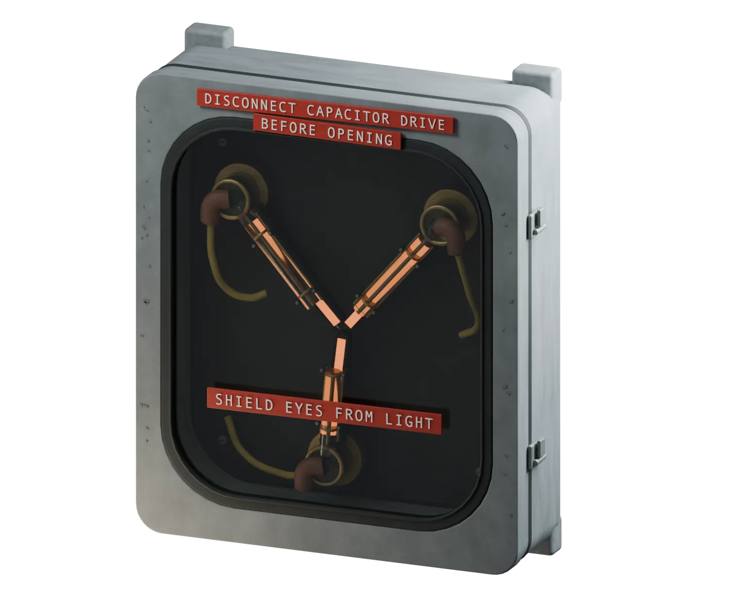 Weathered gray flux capacitor with amber-lit glass relays and red embossed warning labels