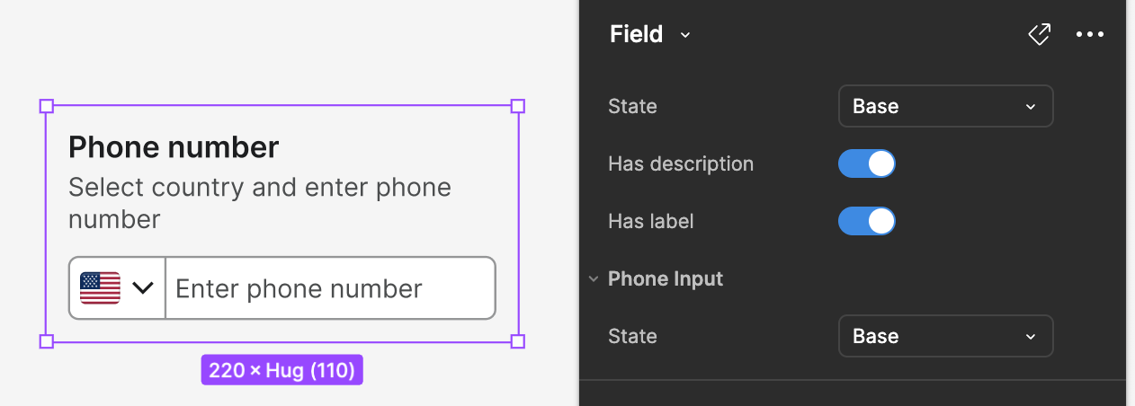 Phone number input component in a Field component showing variants